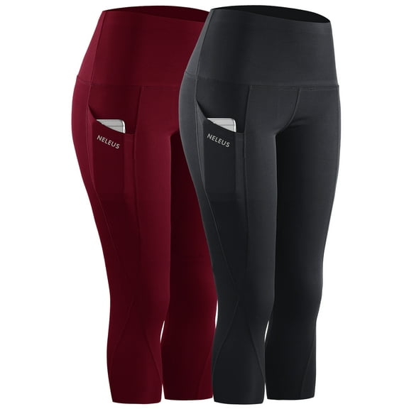 NELEUS Womens Tummy Control High Waist Capri Yoga Leggings with Pocket,Black Red,US Size S