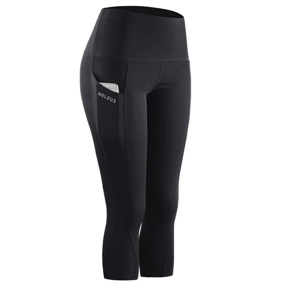 NELEUS Womens Tummy Control High Waist Capri Yoga Leggings with Pocket,Black,US Size M
