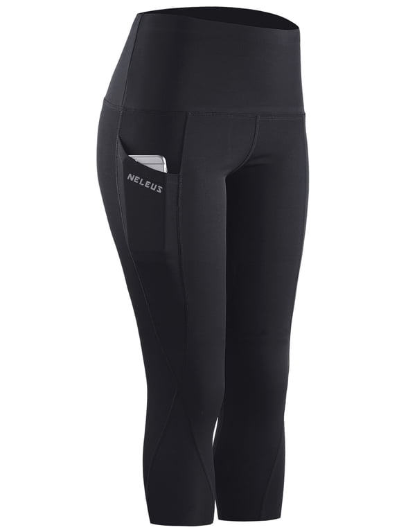 Womens Tummy Control High Waist Capri Yoga Leggings with Pocket,Black,US Size S