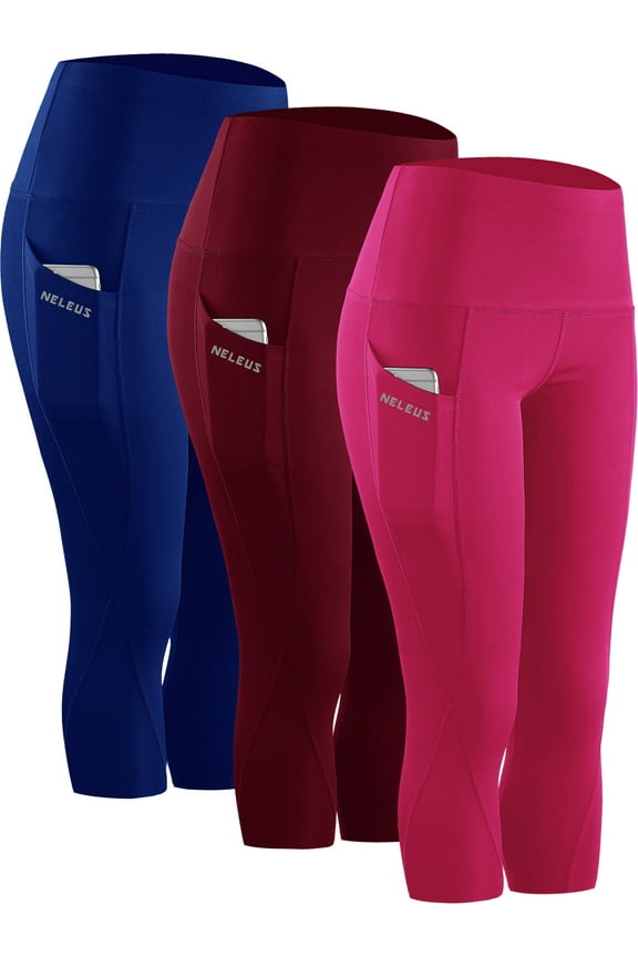 Womens Tummy Control High Waist Capri Yoga Leggings with Pocket,Blue+Wine Red+Rose Red,US Size 2XL