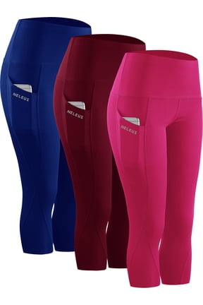 Womens Plus Size Tummy Control High Waist Capri Yoga Leggings with Pocket,Blue+Wine Red+Rose Red,US Size 3XL