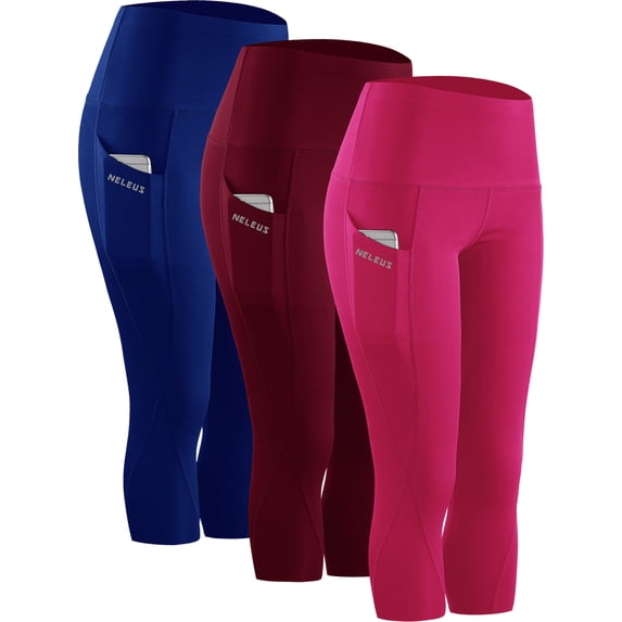 NELEUS Womens Tummy Control High Waist Capri Yoga Leggings with Pocket,Blue+Wine Red+Rose Red,US Size L