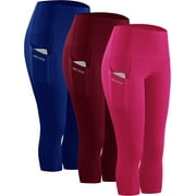 NELEUS Womens Tummy Control High Waist Capri Yoga Leggings with Pocket,Blue+Wine Red+Rose Red,US Size M