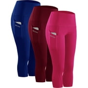 NELEUS Womens Tummy Control High Waist Capri Yoga Leggings with Pocket,Blue+Wine Red+Rose Red,US Size XL