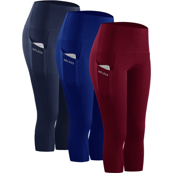 NELEUS Womens Tummy Control High Waist Capri Yoga Leggings with Pocket,Navy Blue+Blue+Wine Red,US Size M