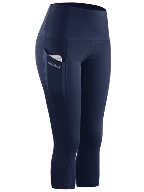 Womens Tummy Control High Waist Capri Yoga Leggings with Pocket,Navy Blue,US Size L