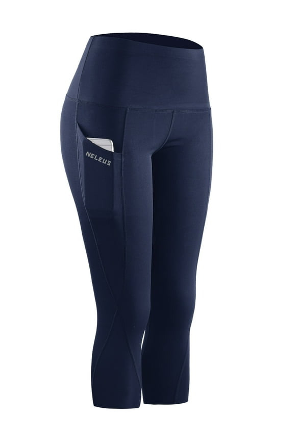 Womens Tummy Control High Waist Capri Yoga Leggings with Pocket,Navy Blue,US Size L