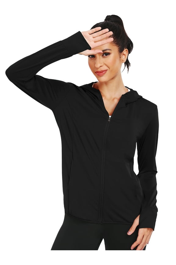 Womens UPF 50+ Hooded Athletic Jackets High Collar Full Zipper with Thumb Holes Ponytail Hole and Pockets,Black,US Size L