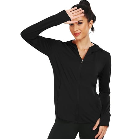 NELEUS Womens UPF 50+ Hooded Athletic Jackets High Collar Full Zipper with Thumb Holes Ponytail Hole and Pockets,Black,US Size S