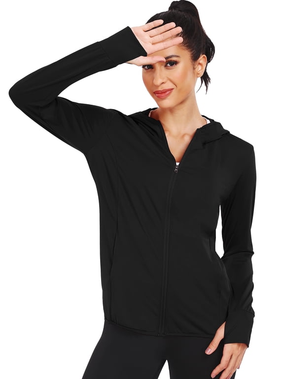 Womens UPF 50+ Hooded Athletic Jackets High Collar Full Zipper with Thumb Holes Ponytail Hole and Pockets,Black,US Size XL