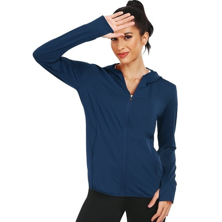 NELEUS Womens UPF 50+ Hooded Athletic Jackets High Collar Full Zipper with Thumb Holes Ponytail Hole and Pockets,Navy Blue,US Size XL