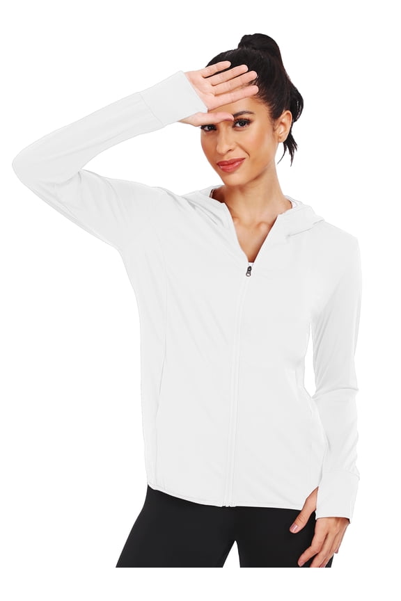Womens UPF 50+ Hooded Athletic Jackets High Collar Full Zipper with Thumb Holes Ponytail Hole and Pockets,White,US Size L