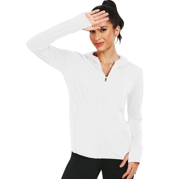 NELEUS Womens UPF 50+ Hooded Athletic Jackets High Collar Full Zipper with Thumb Holes Ponytail Hole and Pockets,White,US Size M