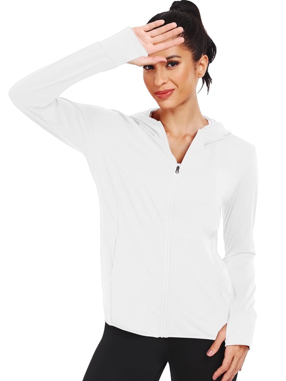 Womens UPF 50+ Hooded Athletic Jackets High Collar Full Zipper with Thumb Holes Ponytail Hole and Pockets,White,US Size M
