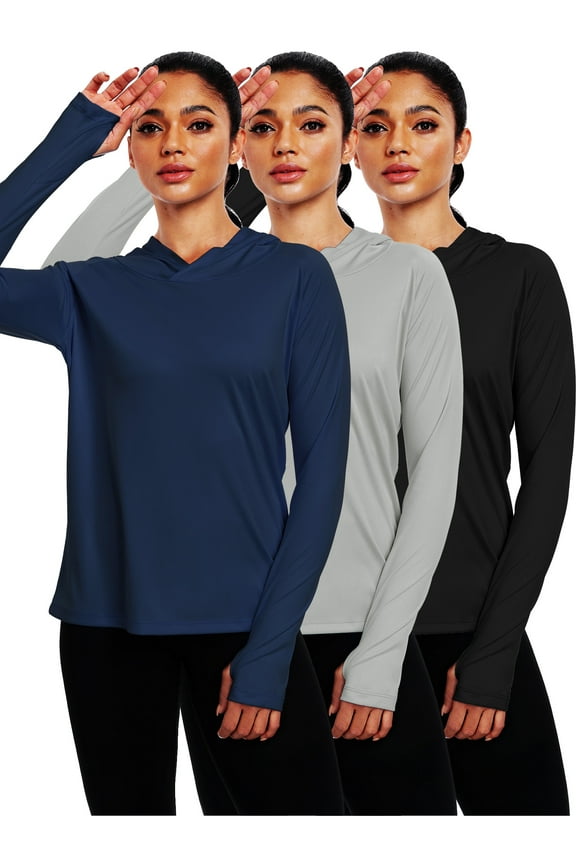Womens UPF 50+ Workout Long Sleeve Shirt Sun Protection Breathable Hooded with Thumb Holes,Black+Gray+Navy Blue,US Size 2XL