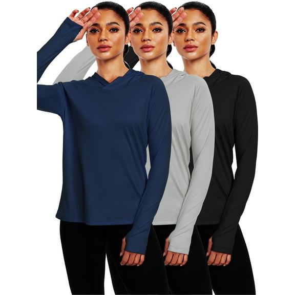 NELEUS Womens UPF 50  Workout Long Sleeve Shirt Sun Protection Breathable Hooded with Thumb Holes,Black Gray Navy Blue,US Size L