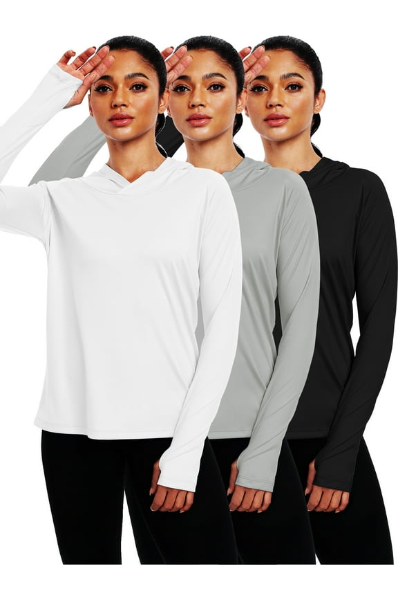 Womens UPF 50+ Workout Long Sleeve Shirt Sun Protection Breathable Hooded with Thumb Holes,Black+Gray+White,US Size XL