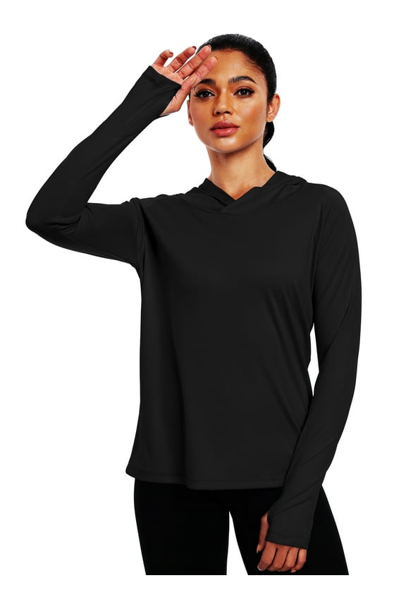 Womens UPF 50+ Workout Long Sleeve Shirt Sun Protection Breathable Hooded with Thumb Holes,Black,US Size M