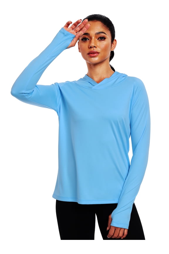 Womens UPF 50+ Workout Long Sleeve Shirt Sun Protection Breathable Hooded with Thumb Holes,Blue,US Size L