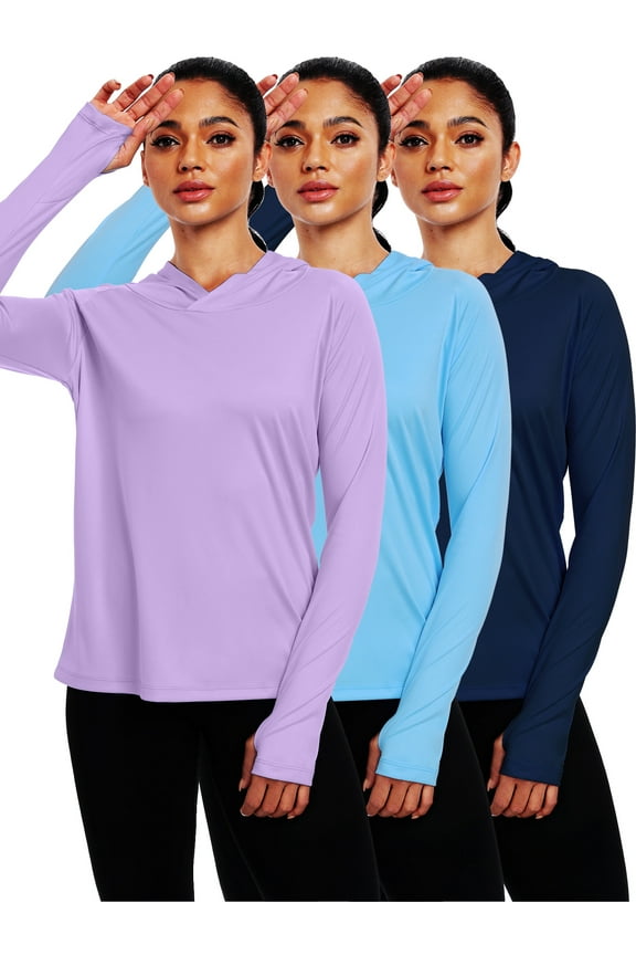 Womens UPF 50+ Workout Long Sleeve Shirt Sun Protection Breathable Hooded with Thumb Holes,Navy Blue+Blue+Purple,US Size L