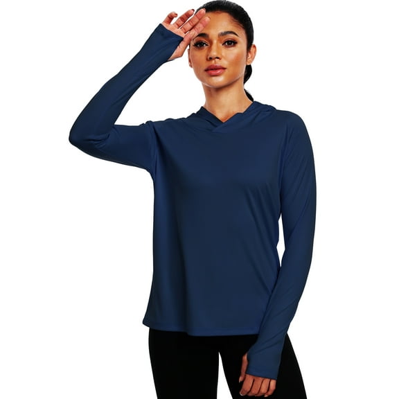 NELEUS Womens UPF 50  Workout Long Sleeve Shirt Sun Protection Breathable Hooded with Thumb Holes,Navy Blue,US Size M