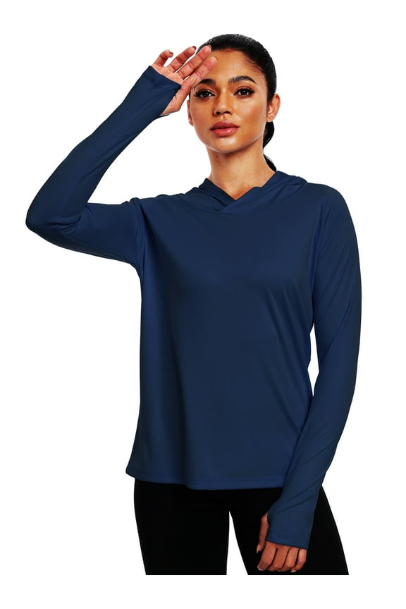 Womens UPF 50+ Workout Long Sleeve Shirt Sun Protection Breathable Hooded with Thumb Holes,Navy Blue,US Size S