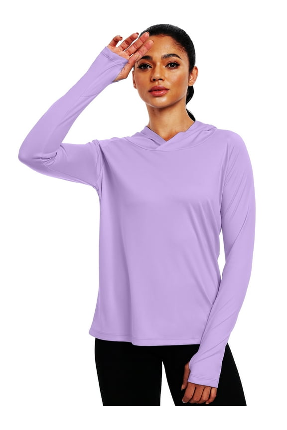 Womens UPF 50+ Workout Long Sleeve Shirt Sun Protection Breathable Hooded with Thumb Holes,Purple,US Size S