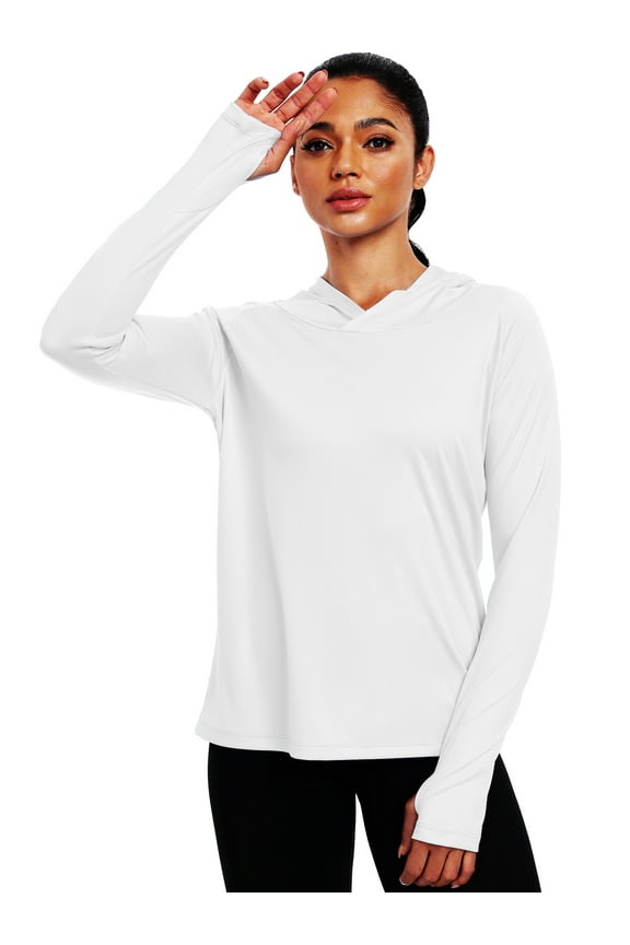 Womens UPF 50+ Workout Long Sleeve Shirt Sun Protection Breathable Hooded with Thumb Holes,White,US Size L