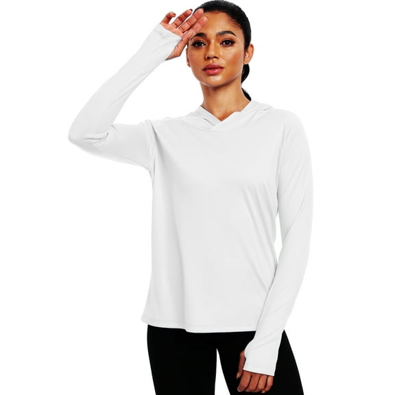 NELEUS Womens UPF 50  Workout Long Sleeve Shirt Sun Protection Breathable Hooded with Thumb Holes,White,US Size S