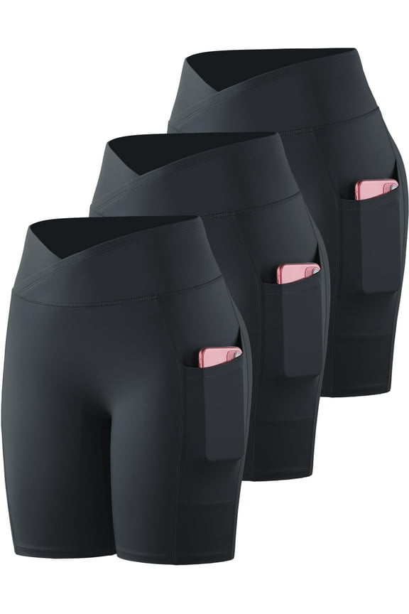 Womens V Cross Waist Spandex Shorts for Yoga Athletic Bike with Pockets,Black+Black+Black,US Size XL