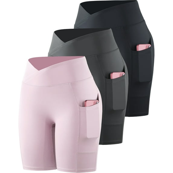 NELEUS Womens V Cross Waist Spandex Shorts for Yoga Athletic Bike with Pockets,Black+Gray+Light Pink,US Size 2XL