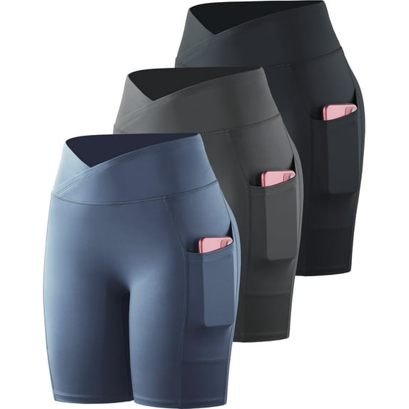 NELEUS Womens V Cross Waist Spandex Shorts for Yoga Athletic Bike with Pockets,Black+Gray+Navy Blue,US Size 2XL