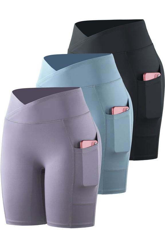 Womens V Cross Waist Spandex Shorts for Yoga Athletic Bike with Pockets,Black+Light Blue+Light Purple,US Size L