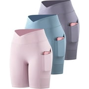NELEUS Womens V Cross Waist Athletic Bike Shorts for Yoga with Pockets,Light Blue+Light Purple+Light Pink,US Size L