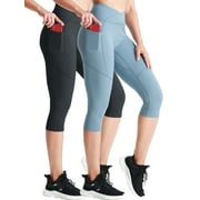 NELEUS Womens V Cross Waist Capri Yoga Leggings for Workout Non See Through with 2 Pockets,Black+Light Blue,US Size L