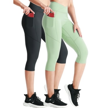 NELEUS Womens V Cross Waist Capri Yoga Leggings for Workout Non See Through with 2 Pockets,Black+Light Green,US Size M
