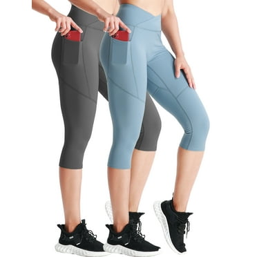 NELEUS Womens V Cross Waist Capri Yoga Leggings for Workout Non See Through with 2 Pockets,Gray+Light Blue,US Size S