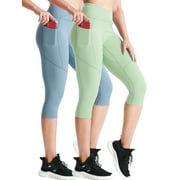 NELEUS Womens V Cross Waist Capri Yoga Leggings for Workout Non See Through with 2 Pockets,Light Blue+Light Green,US Size 2XL