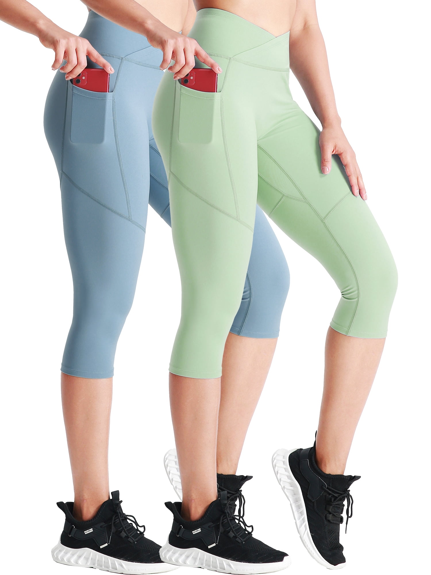 NELEUS Womens V Cross Waist Capri Yoga Leggings for Workout Non See Through with 2 Pockets,Light Blue+Light Green,US Size M
