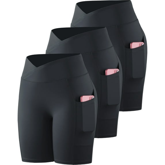 NELEUS Womens V Cross Waist Spandex Shorts for Yoga Athletic Bike with Pockets,Black+Black+Black,US Size M