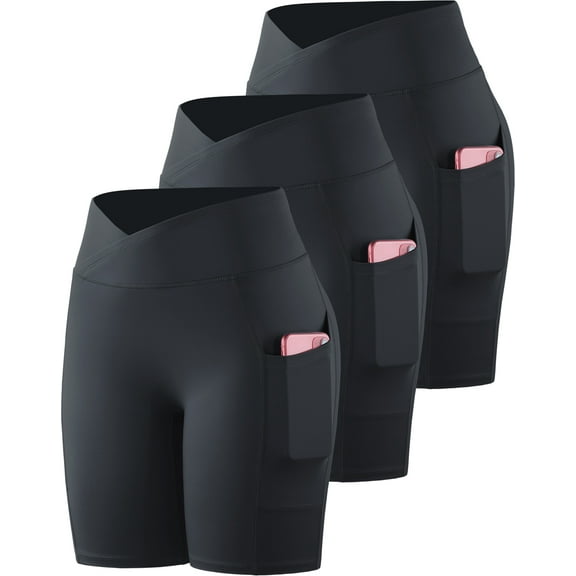 NELEUS Womens V Cross Waist Spandex Shorts for Yoga Athletic Bike with Pockets,Black+Black+Black,US Size S
