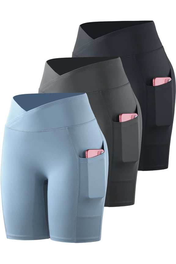 Womens V Cross Waist Spandex Shorts for Yoga Athletic Bike with Pockets,Black+Gray+Light Blue,US Size XL