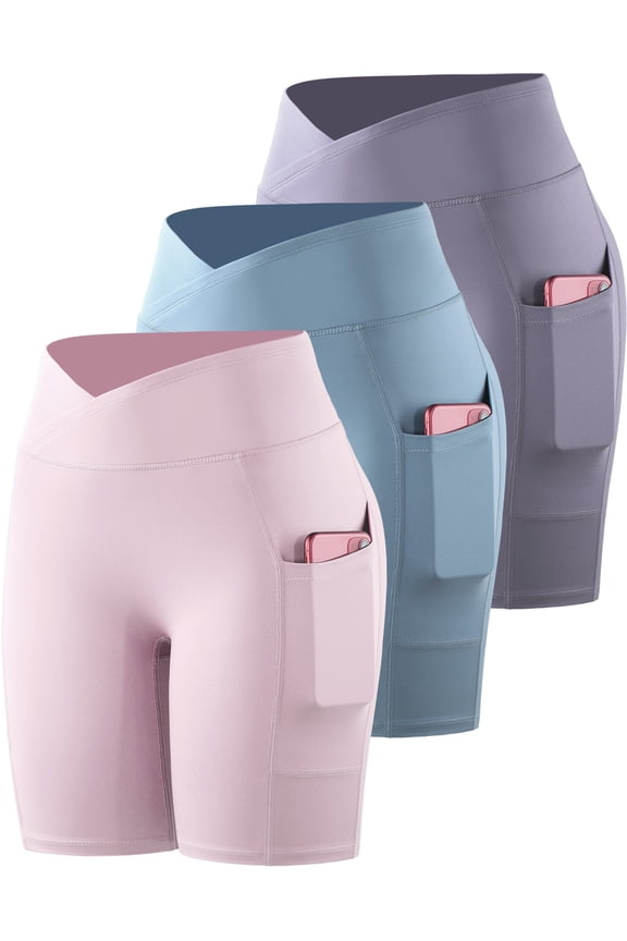 Womens V Cross Waist Spandex Shorts for Yoga Athletic Bike with Pockets,Light Blue+Light Purple+Light Pink,US Size L