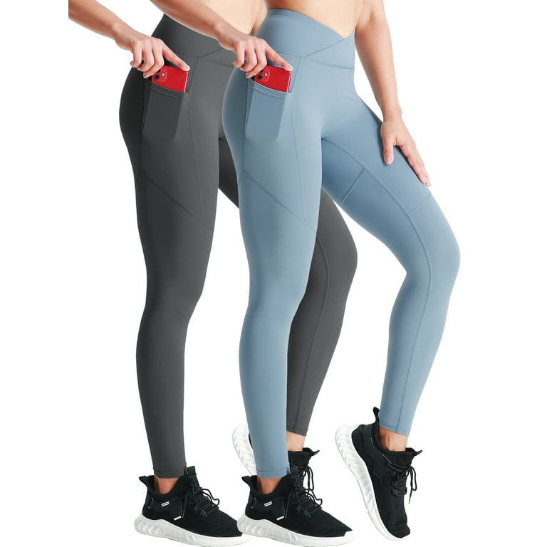 NELEUS Womens Clearance Leggings for Yoga Workout V Crossover High Waist Seamless with 2 Pockets Gray Light Blue US Size L