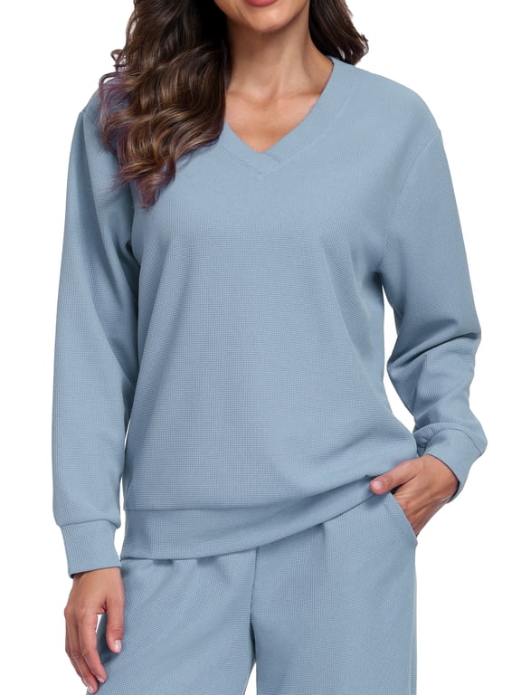 Womens V Neck Waffle Knit Sweatshirt Tops Casual Athletic Pullover Loose Blouses,Light Blue,US Size L