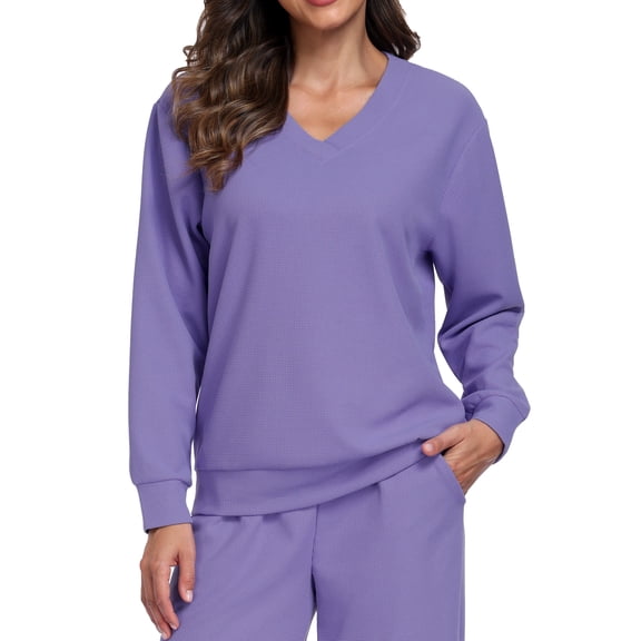 NELEUS Womens V Neck Waffle Knit Sweatshirt Tops Casual Athletic Pullover Loose Blouses,Purple,US Size L