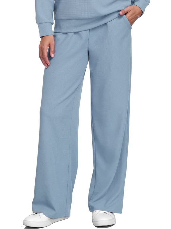 Womens Waffle Knit Sweatpants High Waist Wide Leg Loose Comfy Pants with Pockets Casual Athletic,Light Blue,US Size XL