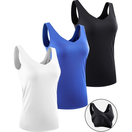 NELEUS Womens Workout Compression Tank Top with Built in Bra V Neck Sleeveless Shirts 3 Pack,Black+Blue+White,US Size 2XL