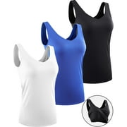 NELEUS Womens Workout Compression Tank Top with Built in Bra V Neck Sleeveless Shirts 3 Pack,Black+Blue+White,US Size L
