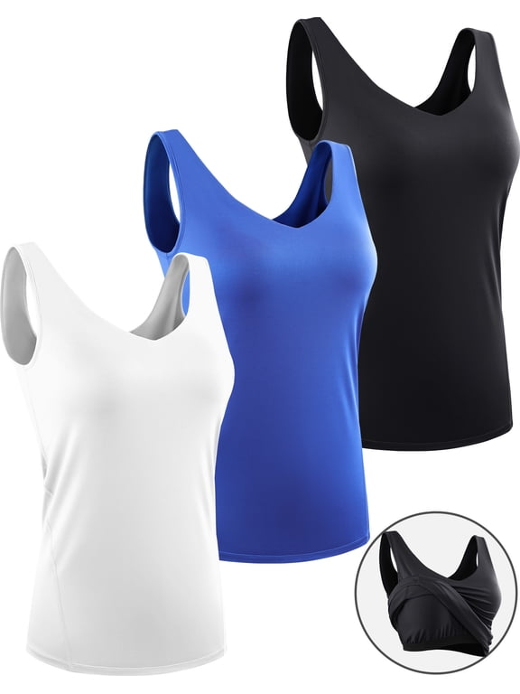 Womens Workout Compression Tank Top with Built in Bra V Neck Sleeveless Shirts 3 Pack,Black+Blue+White,US Size L